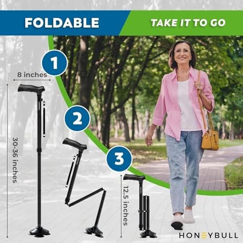 HONEYBULL Walking Cane for Men & Women Foldable, Adjustable, Heavy Duty, Free Standing, All Terrain, Collapsible Walking Sticks for Seniors & Adults (Black) 6