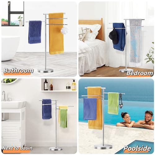 Freestanding Towel Rack, 40 Inch Tall Standing Towel Racks for Bathroom with Weighted Base, Modern Floor Towel Drying Holder Stand with 4 Swivel Arms, Stainless Steel, Chrome, YOFOVI 7