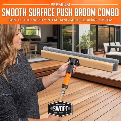 SWOPT 24” Premium Smooth Surface Push Broom + 60" EVA Foam Comfort Grip Wooden Handle, Combo — Cleaning Head with Interchangeable Long Handle, Works with All SWOPT Cleaning Products — Push Broom Set 5