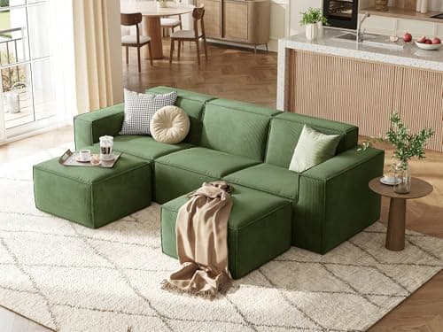 LINSY HOME Modular Sectional Sofa, 105" Boneless Couch U Shaped 3-Seat Sofa with 2 Ottomans, Corduroy Sectional Cloud Couches for Living Room, No Assembly Required, Green