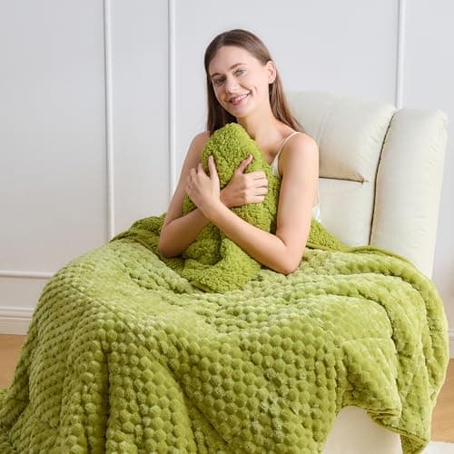 Wemore Fleece Weighted Blanket for Adults (60" x 80" 15lbs, Grass Green), Dual Sided Cozy Soft Sherpa Heavy Blanket, 3D Imitation Turtle Shell Warm Jacquard Flannel Weighted Blankets for Couch and Bed