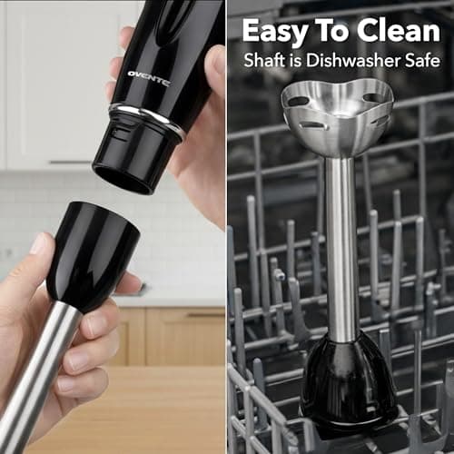 OVENTE Immersion Hand Blender, 300W Corded Electric Handheld Stick Mixer with 2 Mixing Speeds and Stainless Steel Blades for Smoothies, Purees & Baby Food, Black HS560B 6