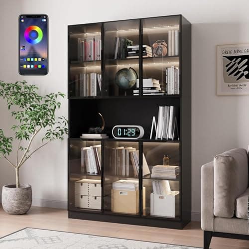Bobve 78.7" H Display Cabinet with 6 Glass Doors and APP Control LED Lights,Storage Cabinets Modern Bookcase with Hutch for Collectible,Display Case Trophy Case,Black