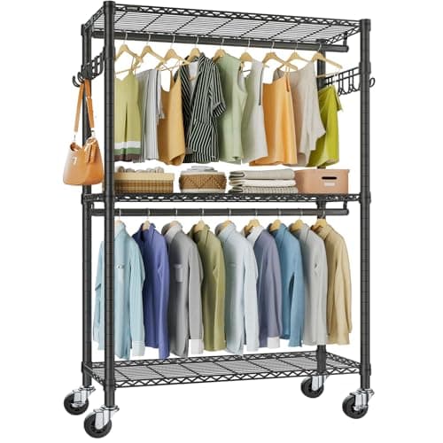 VIPEK R2 Plus Heavy Duty Rolling Garment Rack 3 Tiers Adjustable Wire Shelving Clothes Rack with Double Rods and Side Hooks, Freestanding Wardrobe Storage Rack Metal Clothing Rack, Black