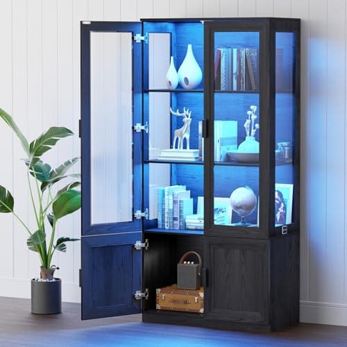 BROTTAR Display Cabinet with Acrylic Doors, 67" Tall Curio Cabinet with Storage and Shelves, Bookcase with 3 LED Lights, Trophy Case with Human Body Sensor for Books, Toys, Collections, Black 8