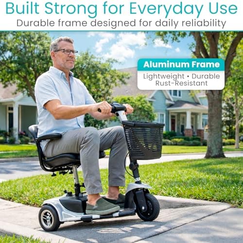Vive 3 Wheel Mobility Scooter - Electric Powered Mobile Wheelchair Device for Adults - Folding, Collapsible and Compact for Travel - Long Range Power Extended Battery with Charger and Basket Included 8
