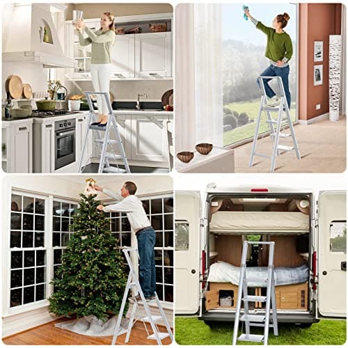 Step Ladder Folding Step Stool - Lightweight Aluminium Ladders W/Anti-Slip Wide Pedal&Handle for Adults&Seniors, Perfect for Home Kitchen Garden Safety Decorative Ladder, Silver 6
