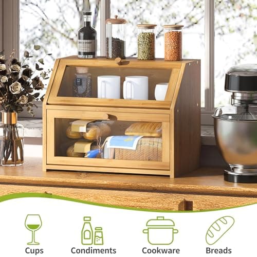 BMOSU Farmhouse Bread Box for Kitchen Countertop Bread box Double Layer Bamboo Wooden Extra Large Capacity Bin Kitchen Food Storage Container(Natural) 5