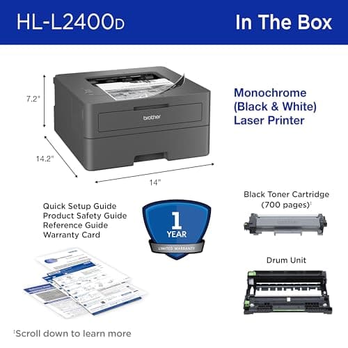Brother Monochrome Laser Printer with 32 PPM Speed and Automatic 2-Sided Printing for Home Office, Fast Black and White Output, Compact Design with 250-Sheet Capacity (HL-L2400D) 8