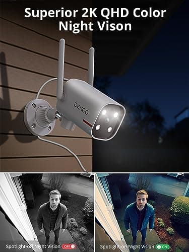 DEKCO 2 Pack Outdoor Security Camera with 2K Color Night Vision, Pan Rotating 180° Wired WiFi Camera Support 24/7 Recording, 2.4GHz WiFi, AI Human Auto Tracking, Work with Alexa/Google Assistant 5