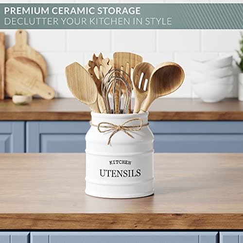 Barnyard Designs Ceramic Farmhouse Utensil Holder for Kitchen Counter, Large Rustic Utensil Crock, Countertop Cooking Tool Spatula Organizer, 6.75” (White) 6
