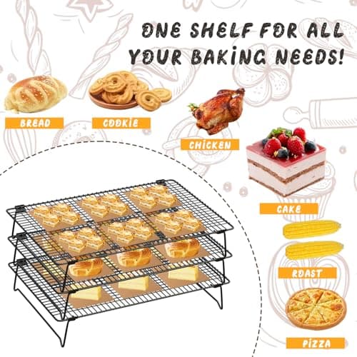 SHOUNAJIA Cooling Rack for Cooking and Baking, 3-Tier Stackable Wire Cooling Rack with Legs for Cooling Cookie, Pizza, Cake, Baking Paper 100 Pcs, 17" x 11", L 5