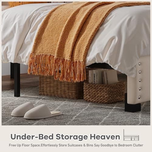 EnHomee King Size Bed Frame, Velvet Bed Frame with Headboard and Led Light, Platform Bed Frame for Bedroom Apartment, Dorm, Noise-Free, Easy Assembly, Beige 7