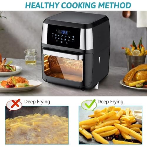 PRIJESSE XL 13QT Multifunctional Digital Air Fryer 10 Touch Screen Presets Fry, Roast, Dehydrate, Bake，Healthy Oil-free For Family Size, Easy Cook，Large Easy-View Window With Drip Tray，Roast Fork 8