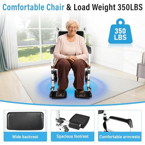Jhkopqe Shower Chair with Wheels, 4 in 1 Bedside Commode Chair with Padded Seat & Flip-Up Removable Footrests Folding Commode Wheelchair Waterproof Rolling Shower Chair for Disabled Elderly Adult 5