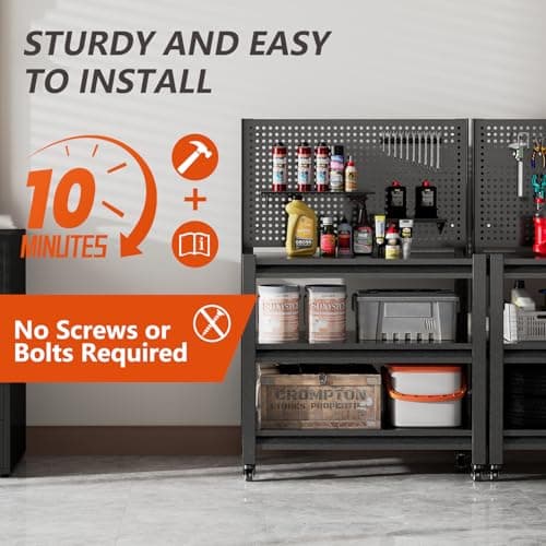 Workbench with Pegboard, Adjustable Shelving Work Table, Mobile Workstation with Lockable Wheels for Garage Warehouse Workshop Office, 47.2" H x 33.5" W x 18" D, Black 7