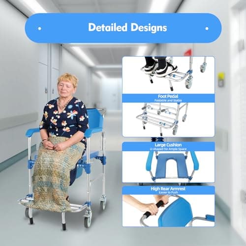 350lb Shower and Commode Chair, Elderly Wheelchair with Locking 360° Wheels & Removable Potty/Footrests, Portable Toilet Bath Chair for Adults, Disabled 8