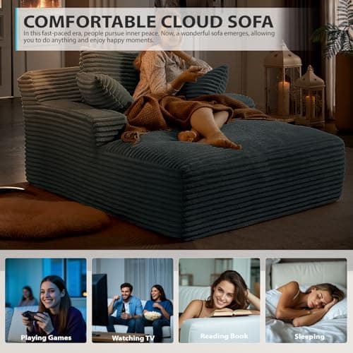 50 Inch Chaise Lounge Chair Indoor, Oversized Corduroy Upholstered Boneless Sofa Bed, Deep Seat Sleeper Couch Reading Chairs, Cloud Sofas Couches for Living Room, No Assembly Required (Dark Grey) 7