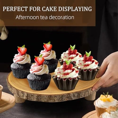 Rustic Wood Cake Stand - 11-13 Inch Elegant Wood Slice with Legs for Weddings, Birthdays & Special Events（Log Color） 3