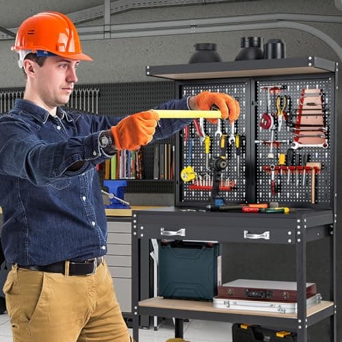 Goplus Workbench, Work Table with Drawer, Pegboard, Hanging Accessories, Topping Space, 4-Tier Heavy Duty Metal Tool Storage Bench, Work Benches for Garage, Workshop (Red, 32" x 16" with Drawer) 8