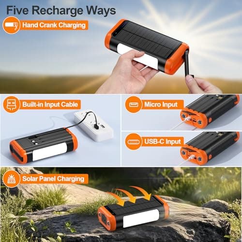 DJKK Solar Power Bank Portable Charger:66800mAh Built in Hand Crank and 3 Cables 22.5W Fast Charging Phone External Battery Pack(5 Outputs & 5 Inputs) with Camping Flashlights/Table Lamp/Compass 6