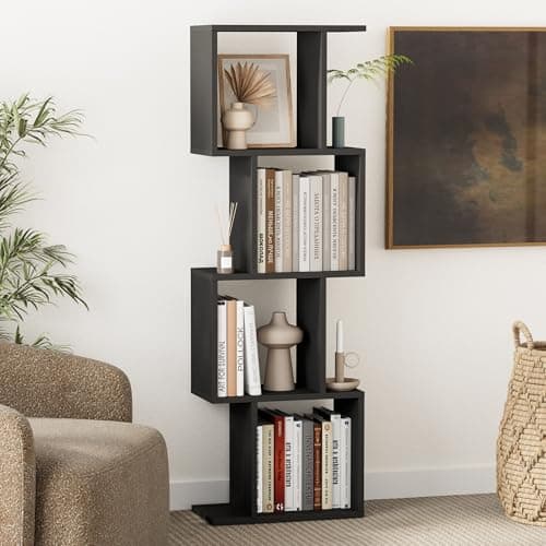 Homhedy 4-Tier Bookshelf, S-Shaped Geometric Bookcase, Modern Display Standing Shelf Unit for Living Room, Bedroom, Free Standing Storage Rack for Home Office, Black