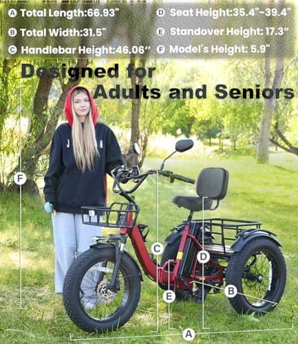 KAKIGO Electric Tricycle for Adults,Peak 1350W Motor Etrike,48V15.6Ah Ebike,20"x4"Fat Tire Aluminum Folding Electric Trike,3-Wheel Electric Bike,20MPH,Front&Rear Basket&Differential 8