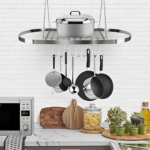 Sorbus® Pot and Pan Rack for Ceiling with Hooks — Decorative Oval Mounted Storage Rack — Multi-Purpose Organizer for Home, Restaurant, Kitchen Cookware, Utensils, Books, Household (Hanging Chrome) 5