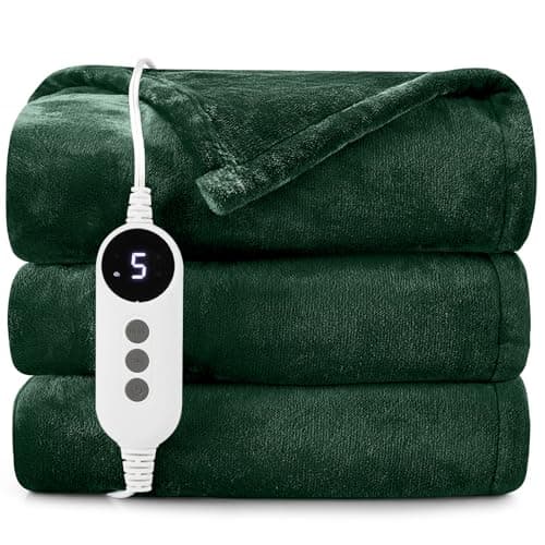 HYLEORY Heated Electric Blanket Throw, 2-Layer Cozy Warm Flannel 50" x 60", Heating Blanket with 9 Heating Levels, 2/4/6/10 Hours Auto Off, Fast Heating Winter Blanket, Green