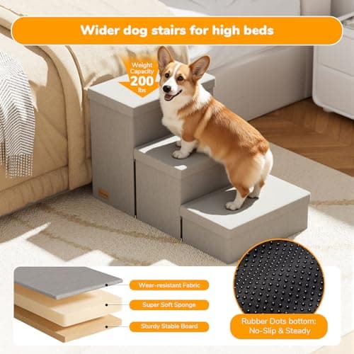 Fecuria 3-Step Wide Dog Stairs with Hidden Storage 18" H, Non-Slip Dog Steps for High Bed Couch Window Car, Jiont-Friendly Pet Stairs Ramp for Small/Medium/Large Old Dogs Cats Up to 200lbs, Grey 6