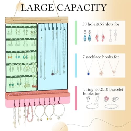 Feyejade Hanging Jewelry Organizer, 5-Tier Wall Earring Holder with Wooden Ring Groove, Jewelry Rack Wall Mounted for Earrings, Necklaces, Bracelets and Rings, Jewelry Holder Stand, Black 4