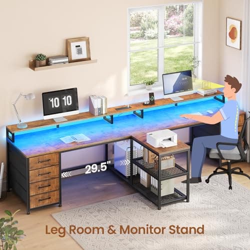 SEDETA 94.5" 2 Person Gaming Desk, Long Office Computer Desk with 8 Drawers & LED Lights, Two Person Desk with Storage, Power Strip & Monitor Stand for Home Office, Rustic Brown 6