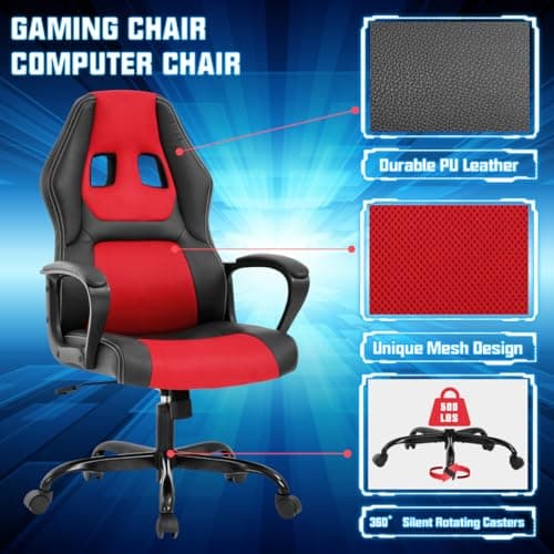 Gaming Chair PC Computer Chair Office Chair for Adult Teen Kids, Ergonomic PU Leather Gamer Chair with Lumbar Support High Back Adjustable Rolling Swivel Desk Chair, Red 6