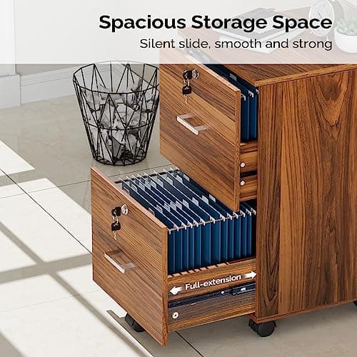 VINGLI 2-Drawer Rolling File Cabinet with Lock, Wood Mobile File Organization for Hanging Letter Size Filings Under Desk Filing Cabinets for Home Office, Assembly Required, Classic Walnut, 26.5" H 4