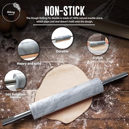 LITEBURG Marble Rolling Pin Set with Silicone Baking Mat, Steel Dough Scraper & Wooden Cradle - Professional Non Stick Dough Roller for Bread, Cookies, Pizza - Gift for Bakers 7
