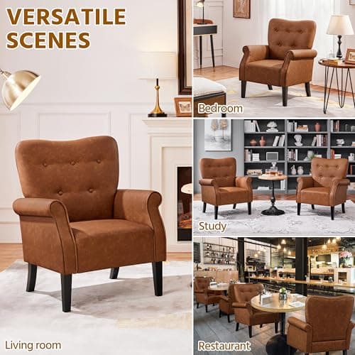 Yaheetech Modern Armchair, Mid Century PU Leather Accent Chair with Sturdy Wood Legs and High Back for Small Space, Upholstered Sofa Club Chair for Living Room/Bedroom/Office, Retro Brown 5
