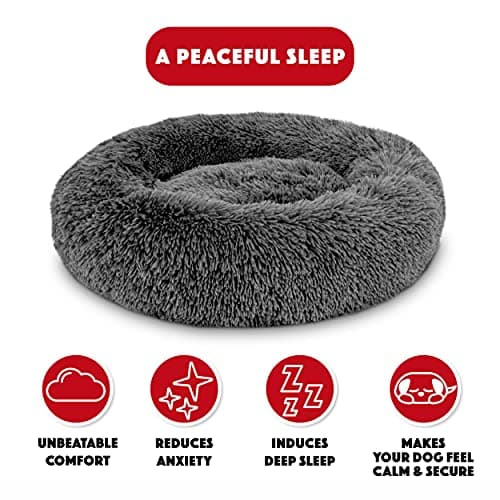 The Dog’s Bed Calming Donut Dog Bed, Plush Faux Fur Round Cuddler Nest, One-Piece Design (No Zip), Raised Bolster – Grey, Small 23" 3