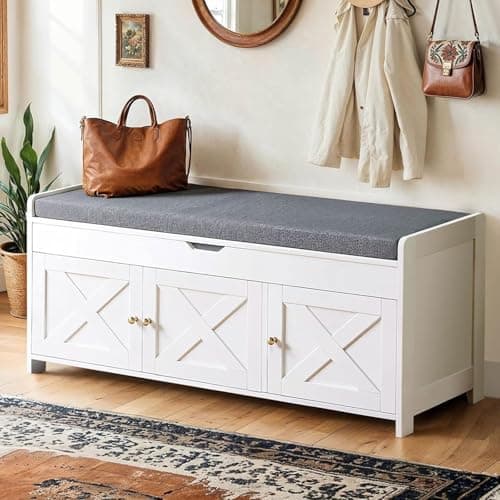 Amada Shoe Storage Bench, Entryway Bench with Cushioned Seat & Lift Top Storage, 3 Doors, Adjustable Shelf, 300 lbs Capacity, Bench with Shoe Rack for Entryway, Bedroom, Living Room, White