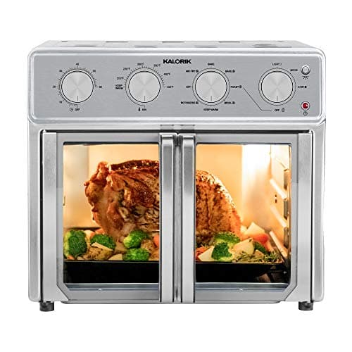 Kalorik MAXX Air Fryer Oven, 26 Quart 9-in-1 Countertop Toaster Oven and Air Fryer Combo - Fry, Bake, Roast, Rotisserie, & More, Large Glass French Doors & 7 Accessories, 1700-Watts, Stainless Steel