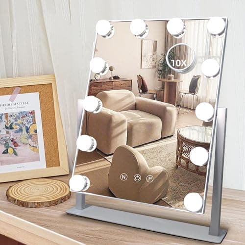 SLIMOON Hollywood Vanity Mirror with Lights, 12 Dimmable LED Bulbs Lighted Makeup Mirror with Detachable 10X Magnification Mirror, 1000mAh Rechargeable, 3 Color Lights, Touch Control
