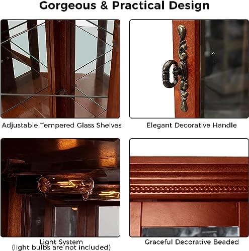 HomVent Corner Curio Cabinet with Lights, Glass Display Cabinet Display Case Storage Showcase w/Adjustable Shelves, Mirrored Back Panel ＆ Tempered Glass Doors for Living Room (Walnut, Corner Shape) 6