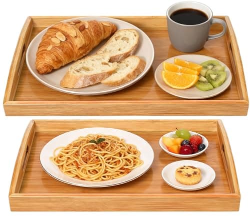 2-Pack Bamboo Serving Trays with Handles, 16" and 13", Decorative Food Tray Set for Breakfast, Coffee, Tea, Snacks, Ideal for Coffee Table, Ottoman, Living Room & Kitchen