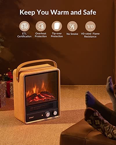 Shinic Electric Fireplace Heaters for Indoor Use,1500W Space Heater with Crackling Sound & 3D Realistic Flame, Safety Protection, Mini Portable Fireplace Heater for Home Christmas Decoration, Walnut 5