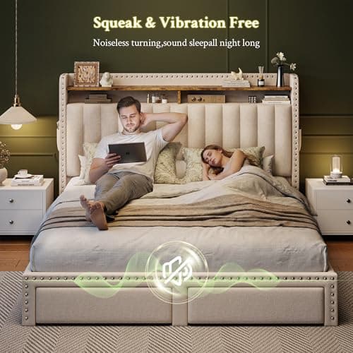 EnHomee Queen Size Bed Frame, Upholstered Queen Bed Frame with 2 Storage Drawers and 2-Tier Headboard, Vertical Tufted Headboard Design, Extra Storage Space for Bedroom Apartment, Beige 7