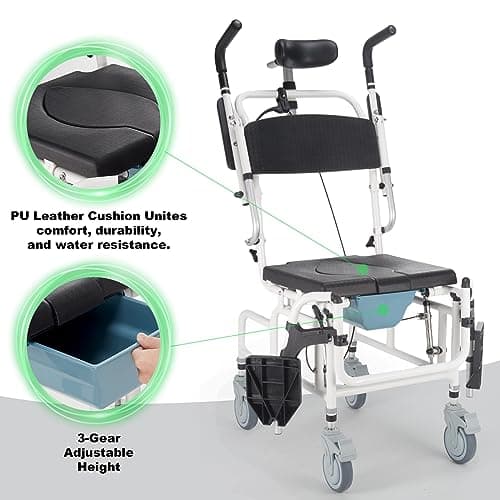4-in-1 Bedside Commode Chair, Tilt 30°Shower Commode Wheelchair, Versatile with Headrest and Bucket, Adjustable Transport Rolling Chair for Elderly, Disabled, Adults 6