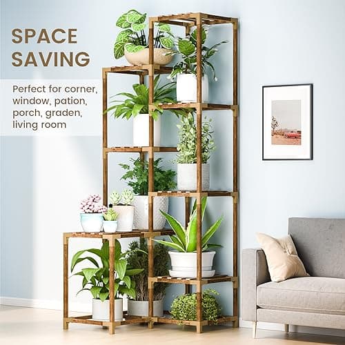 HOMKIRT 10 Tier Tall Corner Plant Stand Shelf Indoor Outdoor, Large Wood Plant Rack Holder Ladder Flower Stand Display for Living Room Patio Porch Garden Window 4