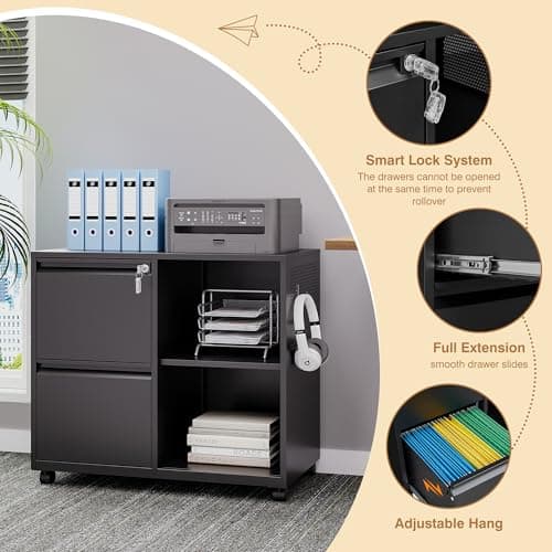 NODHM Lateral 2 Drawer Filing Cabinet with Lock, Mobile File Cabinet on Wheels, Printer Stand with Storage for Legal/Letter/A4 File Folders (Blcak) 5