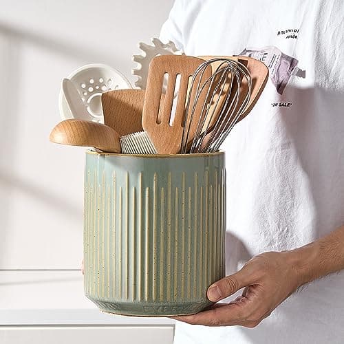 JIEMEI HOME Kitchen Utensil Holder, Ceramic Stable Utensil Crock for Countertop, 7.2" Large Utensil Organizer with Cork Mat, Removable Bamboo Divider for Kitchen Décor and Accessories, Green 5