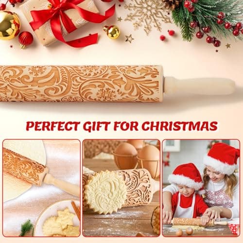 Christmas Gifts Wooden Embossed Rolling Pin for Baking, Stocking Stuffers Gifts for Women, Deep Engraved Embossing Rolling Pins with Snow Pattern Designs for Baking Cookies Stamps Roller DIY Tools 7