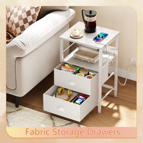 Furologee End Table with Charging Station, Nightstand with Fabric Drawers, Side Tables with USB Ports & Outlets, Night Stand with Storage Shelf & Hooks, for Living Room/Bedroom, White 6